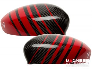 FIAT 500 Mirror Covers - Carbon Fiber - Red Racing Stripe w/ White Scorpion V2